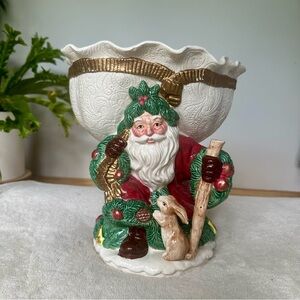 1991 Fitz & Floyd Woodland Santa Compote Pedestal Bowl 10 in tall, no box